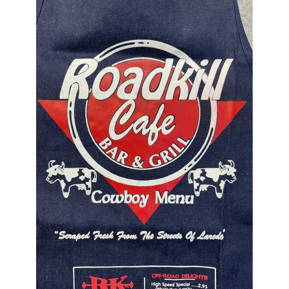Roadkill Cafe Apron Men OS Navy Blue Cowboy Menu Graphic Denim BBQ NEW!